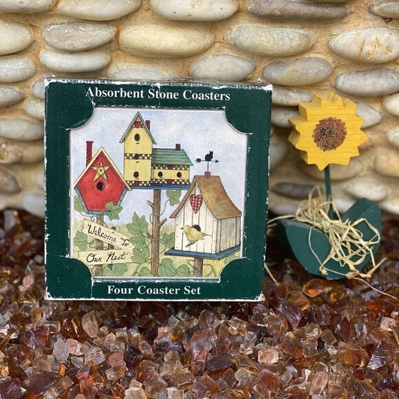 🏡FOUR STONE ART ABSORBENT COASTERS “Welcome to Our Nest” & birdhouse motif. New - Picture 3 of 5